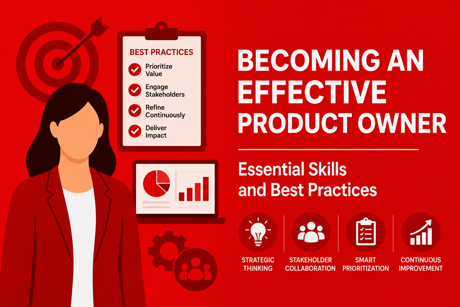 Product Owner skills and best practices cover image with product strategy and prioritization visuals