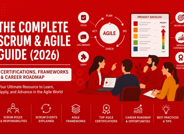 The Complete Scrum and Agile Guide 2026 cover image showing Scrum roles, Agile frameworks, certifications, Scrum events, and career roadmap