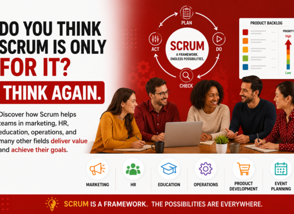 Scrum is not only for IT cover image showing Agile used in marketing, HR, education, operations, product development, and event planning teams
