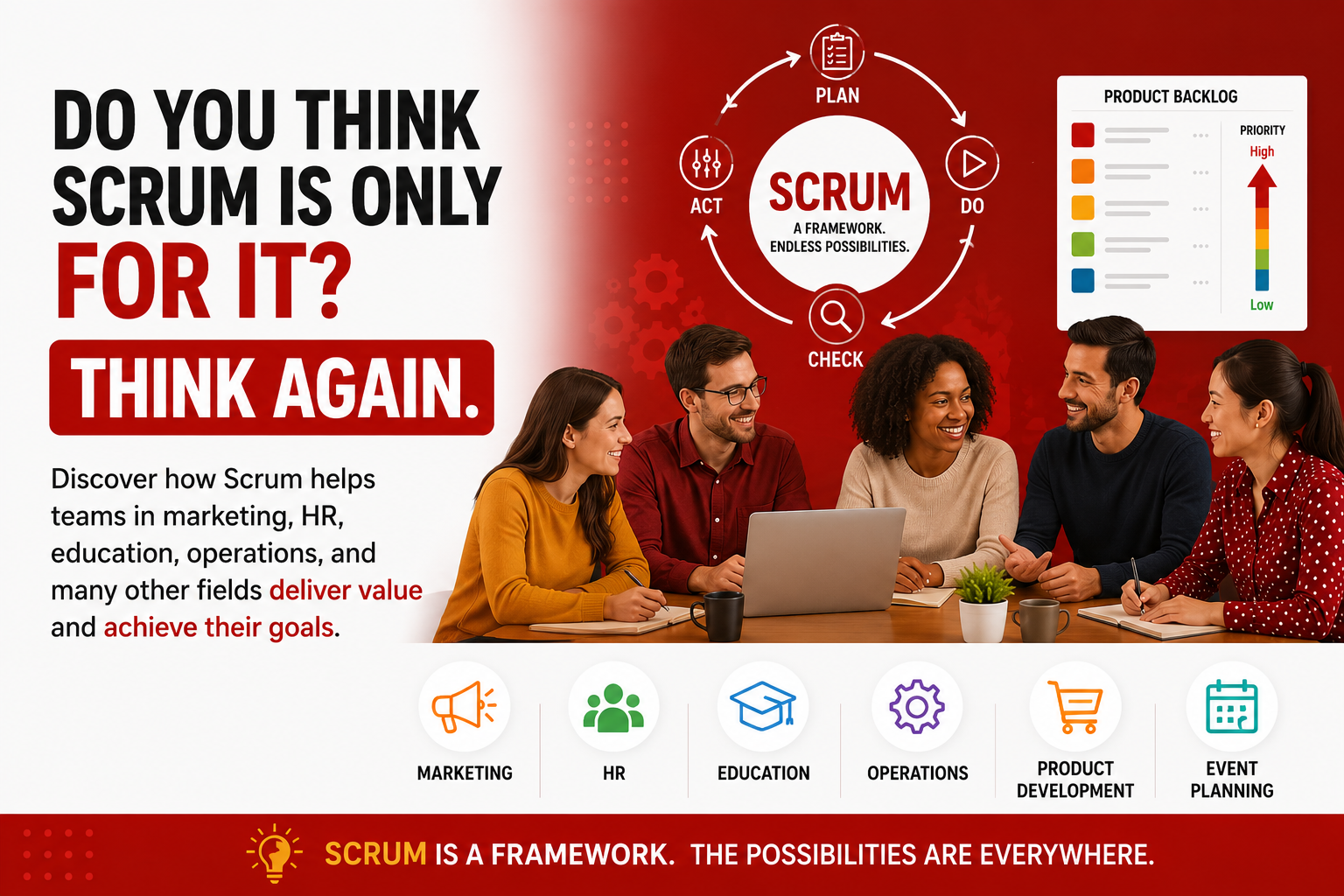 Scrum is not only for IT cover image showing Agile used in marketing, HR, education, operations, product development, and event planning teams