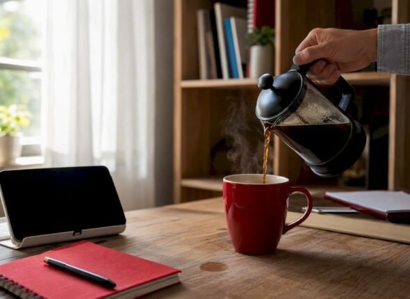 Desk with coffee being poured during exam study