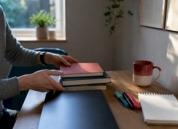 Hands arranging certification prep materials on desk