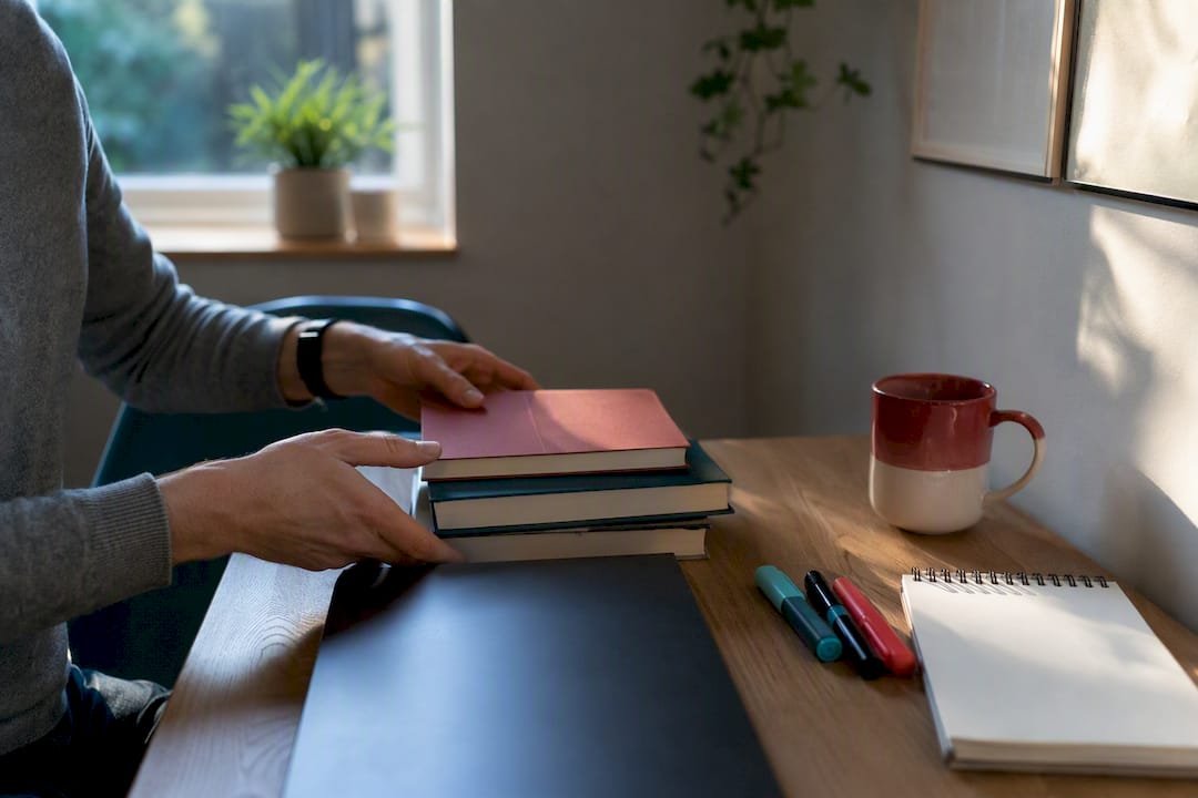 Hands arranging certification prep materials on desk
