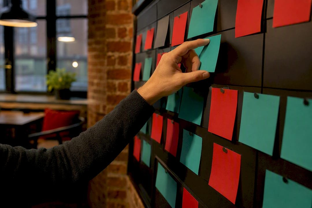 Hands moving Kanban board cards in office