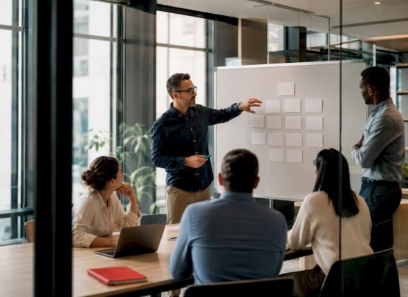 Agile coach facilitating cross-team workshop