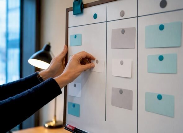 Practitioner adjusting a Kanban workflow board