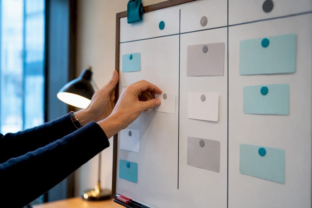 Practitioner adjusting a Kanban workflow board