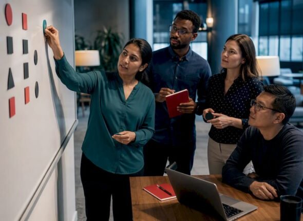 Professionals preparing an OKR set together