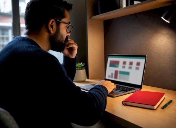 Professional studying an online risk management course