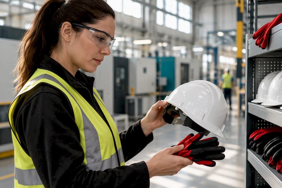 Safety professional inspecting workplace protective equipment