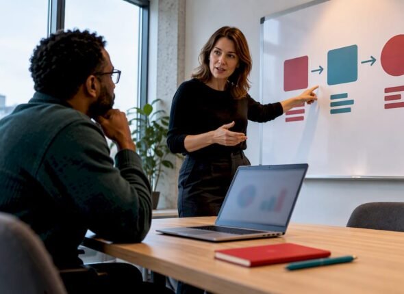 Coach guiding practitioner through OKR exercise