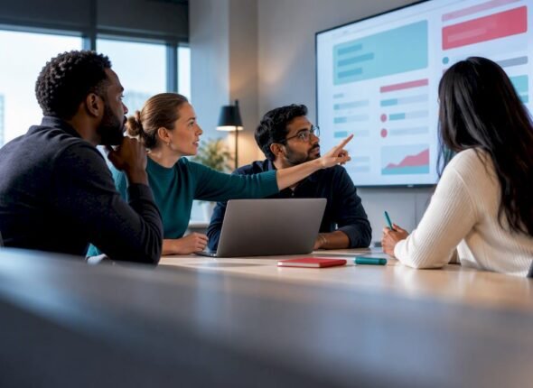 Operations team reviewing service workflow dashboard