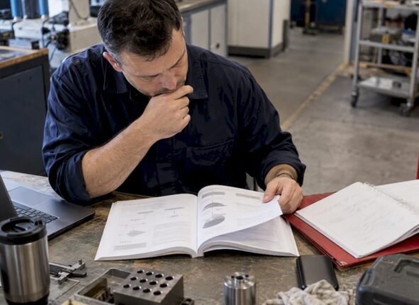 Supervisor comparing Six Sigma study and project materials