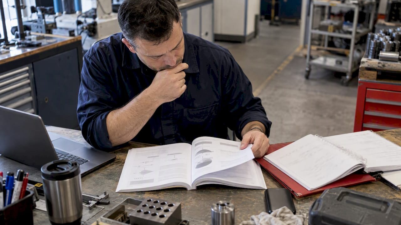 Supervisor comparing Six Sigma study and project materials