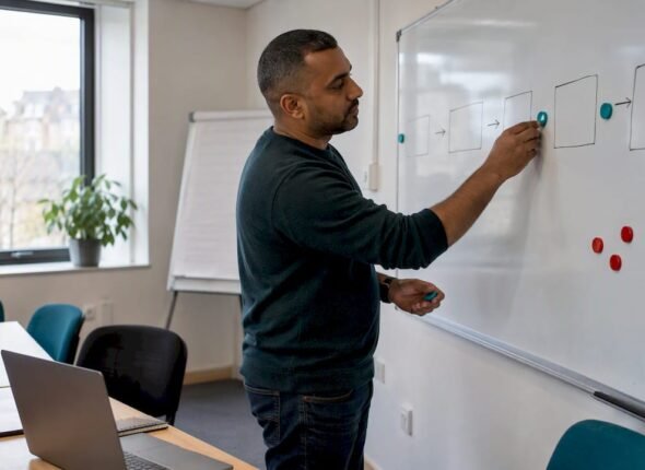 Agile practitioner mapping certification stages on whiteboard