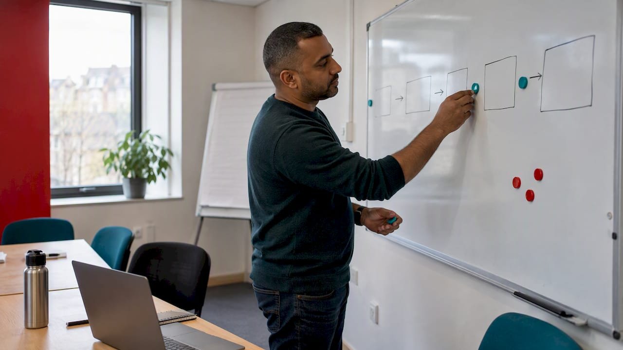 Agile practitioner mapping certification stages on whiteboard