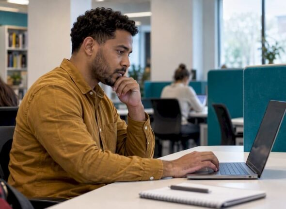Professional reviewing exam voucher terms on laptop