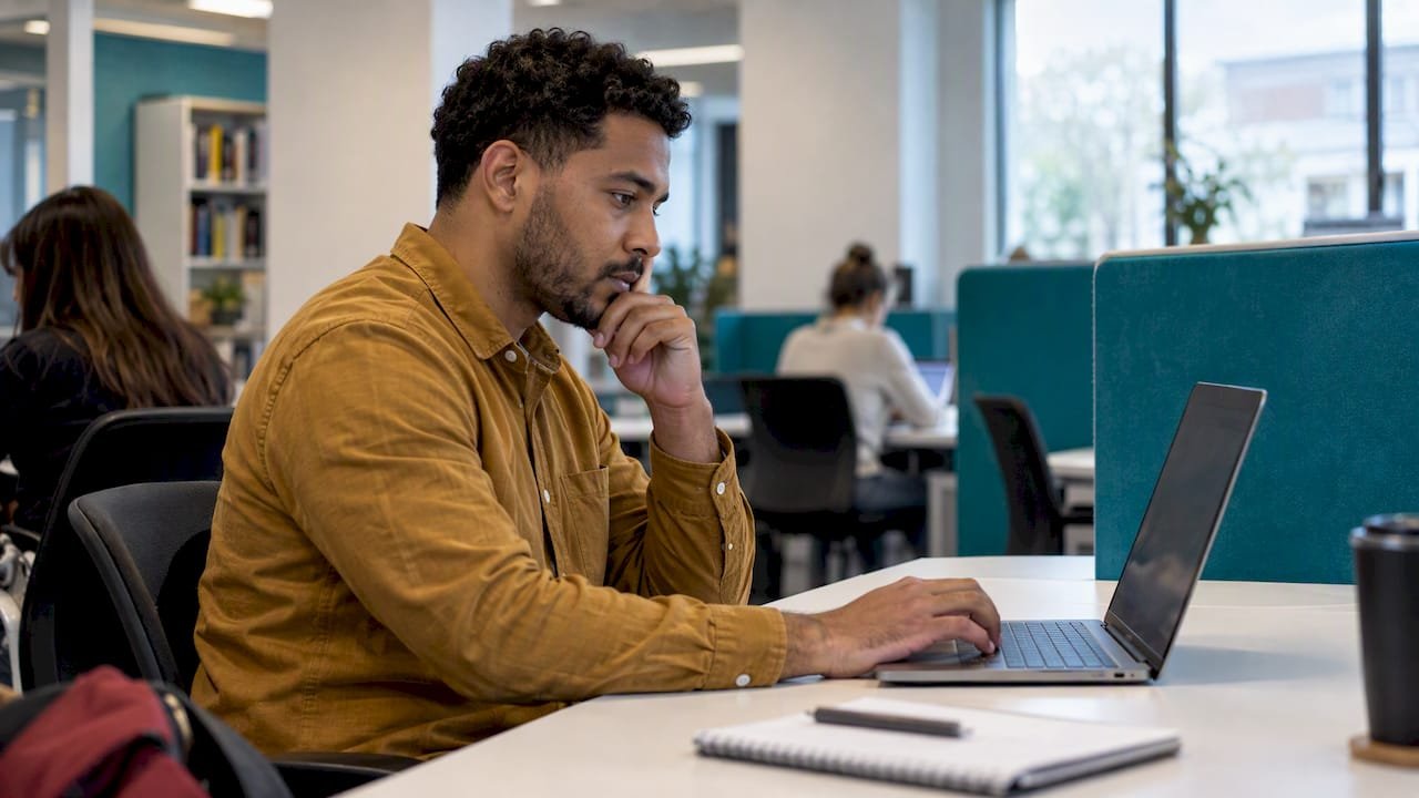 Professional reviewing exam voucher terms on laptop