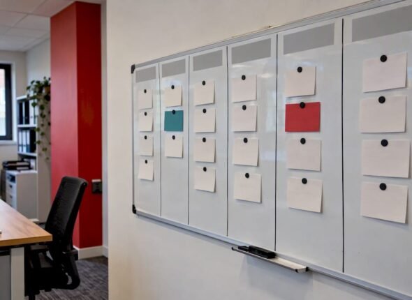 Workflow board illustrating Kanban and Scrumban
