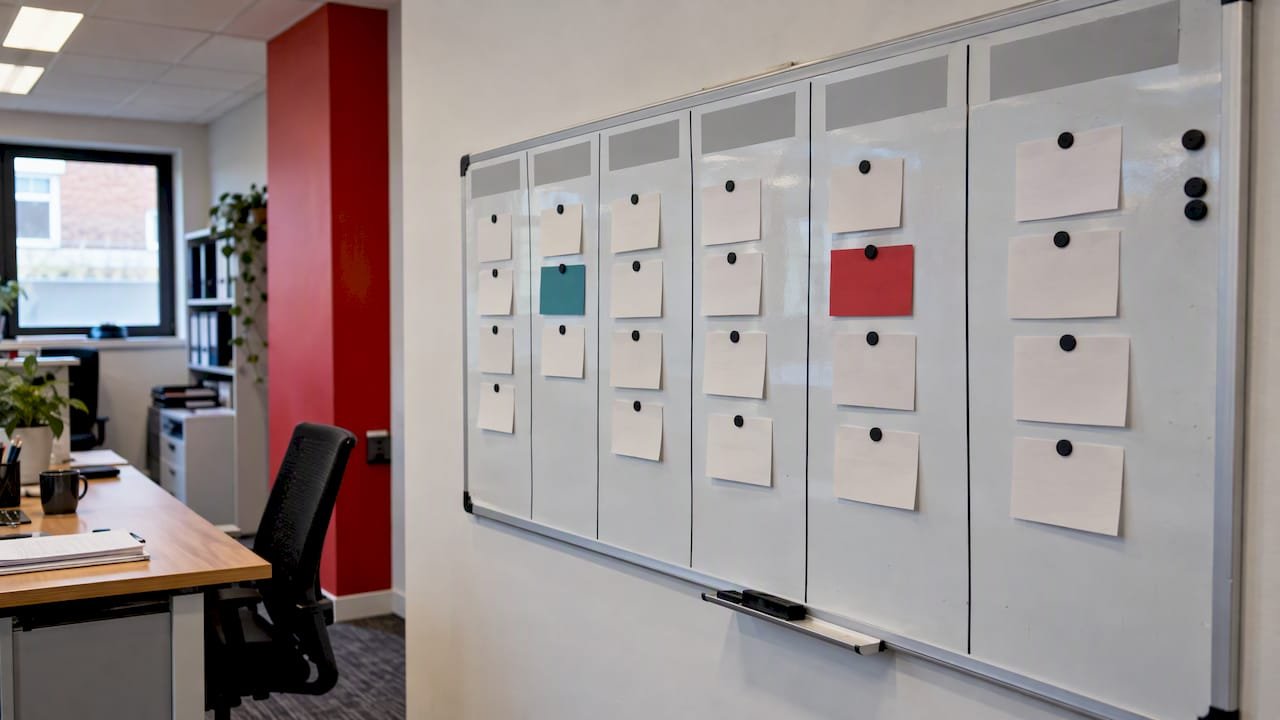 Workflow board illustrating Kanban and Scrumban